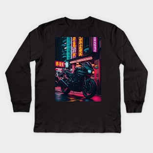 Neon Speedster: Motorcycle Majesty in a Japanese Metropolis Kids Long Sleeve T-Shirt